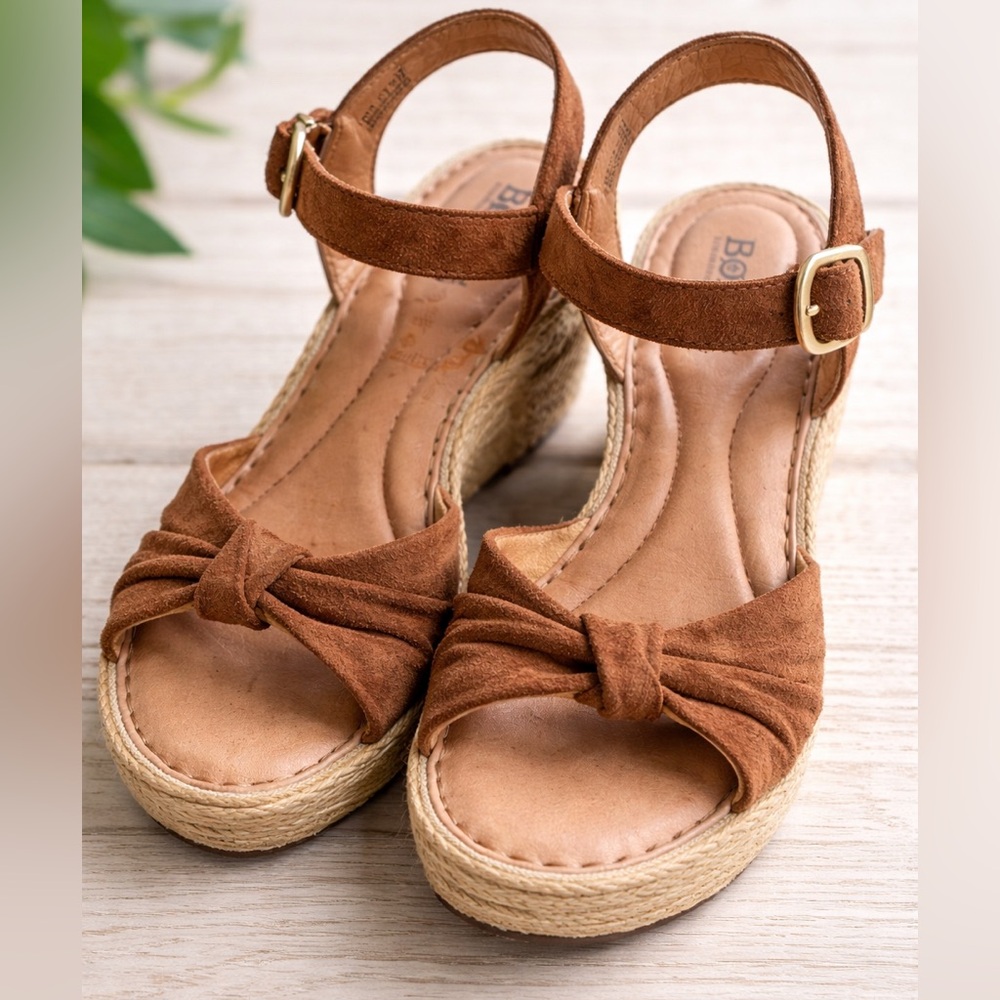 Born Leather Espadrille Wedge Sandals Size 8M Brown Comfort